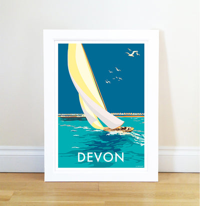 Devon Sailing Boat travel poster and seaside print by Becky Bettesworth