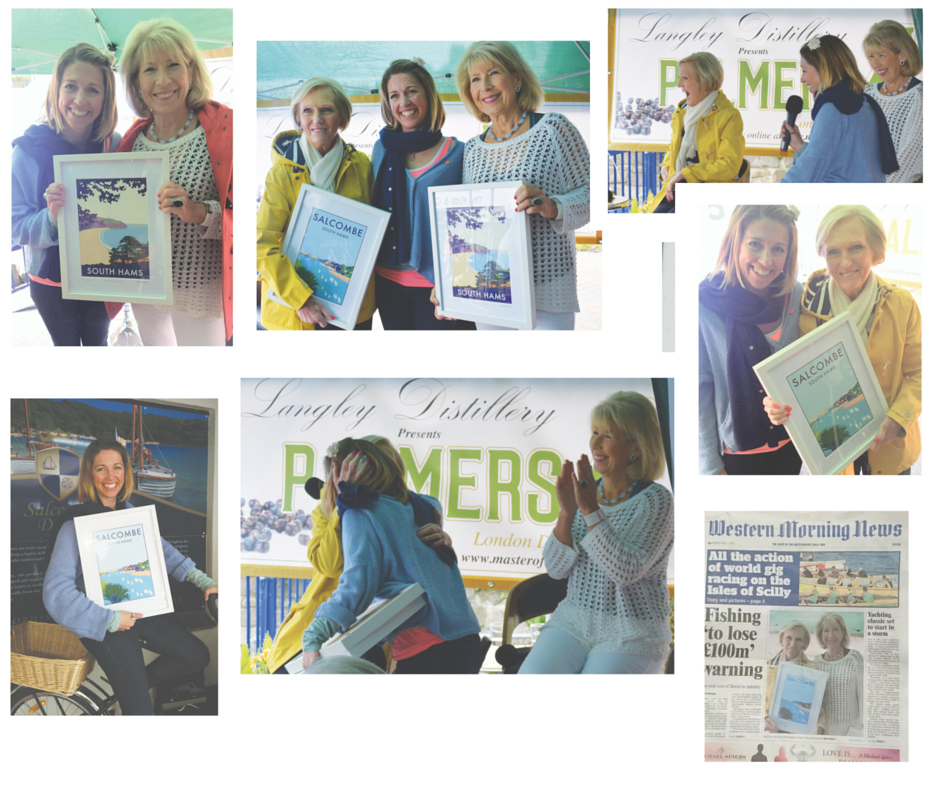 Becky Bettesworth presents Mary Berry with her vintage style seaside print of Salcombe