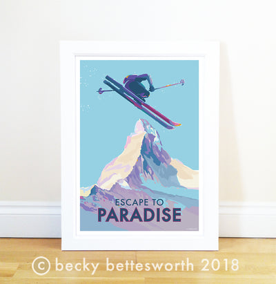 * * * N E W * * * ESCAPE TO PARADISE VINTAGE STYLE SKIING PRINT AND POSTER