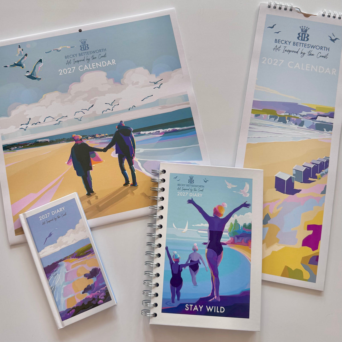 Becky Bettesworth 2027 Calendars and Diaries full range - Square Wall Calendar, Slim Wall Calendar, Cornwall Calendar, Slim Diary and A5 Wiro Diary