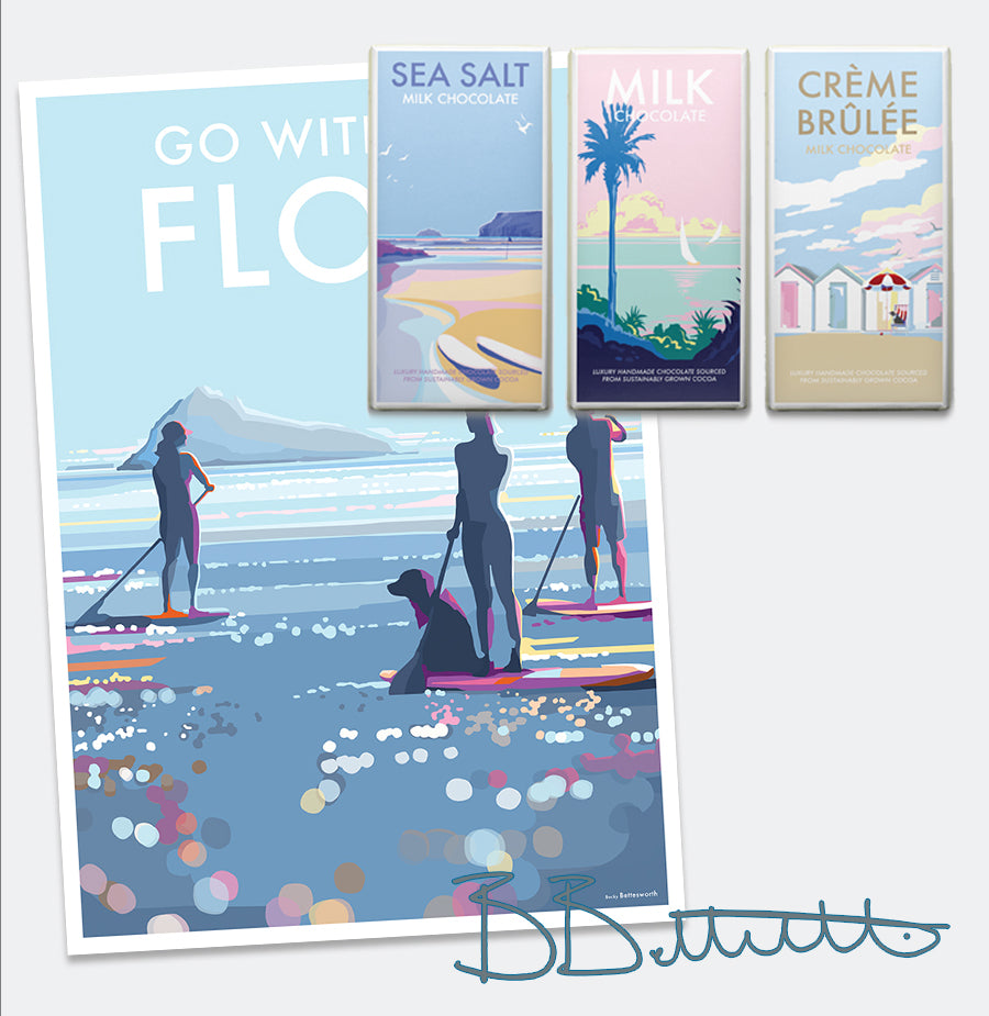 Go With The Flow Paddleboard - Travel Poster and Seaside Print by Becky ...
