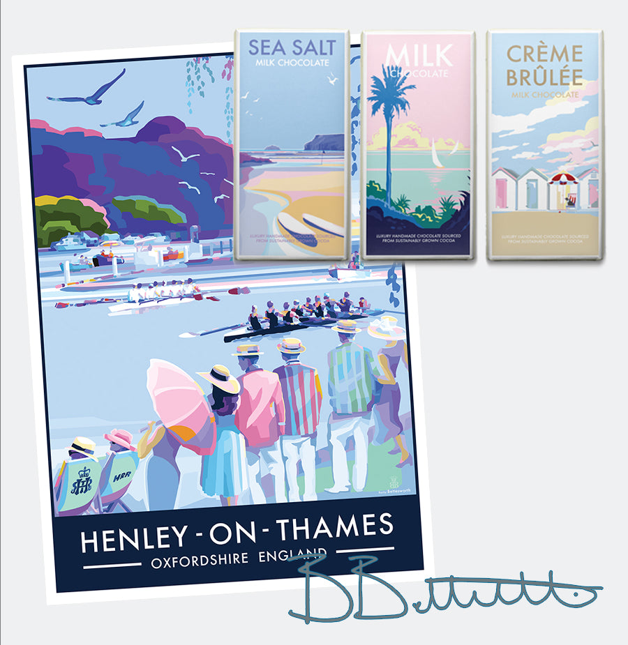 Henley-On-Thames travel poster and seaside print by Becky Bettesworth. Commission for Henley Royal Regatta 2023