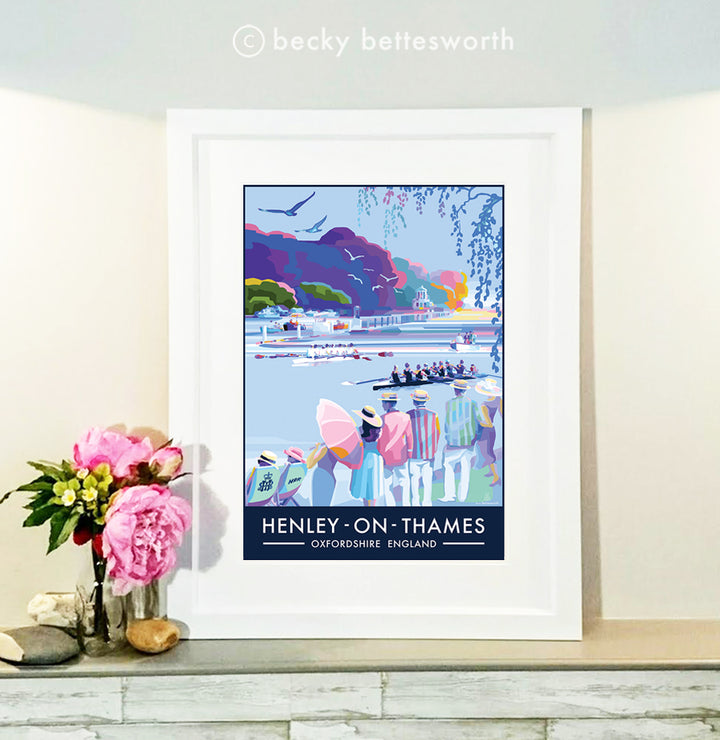 Henley-On-Thames travel poster and seaside print by Becky Bettesworth. Commission for Henley Royal Regatta 2023