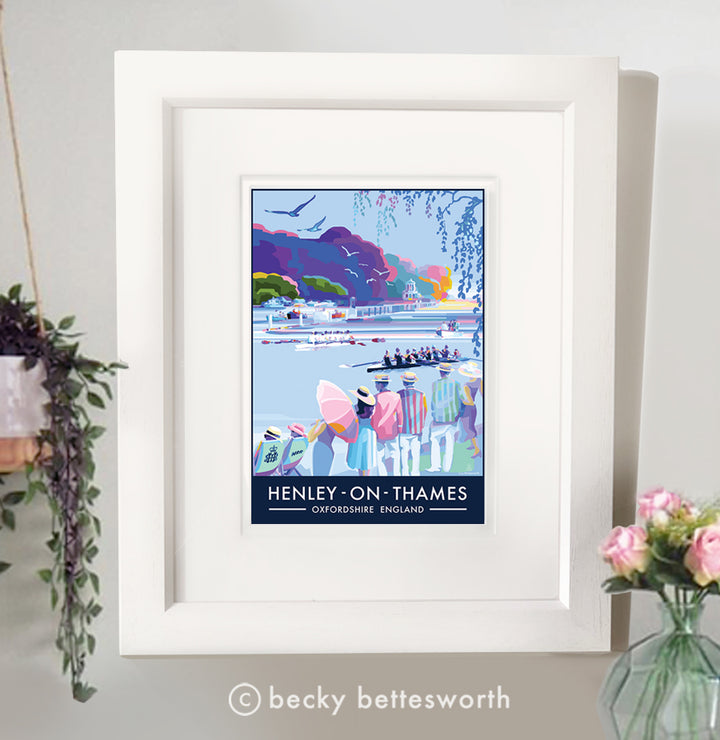 Henley-On-Thames travel poster and seaside print by Becky Bettesworth. Commission for Henley Royal Regatta 2023