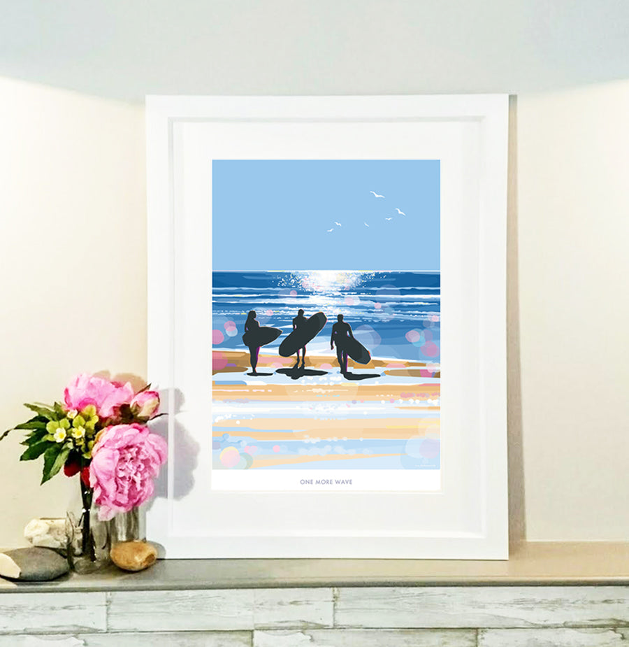 One More Wave surfers print and poster by Becky Bettesworth.