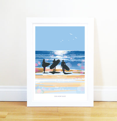 One More Wave surfers print and poster by Becky Bettesworth. 