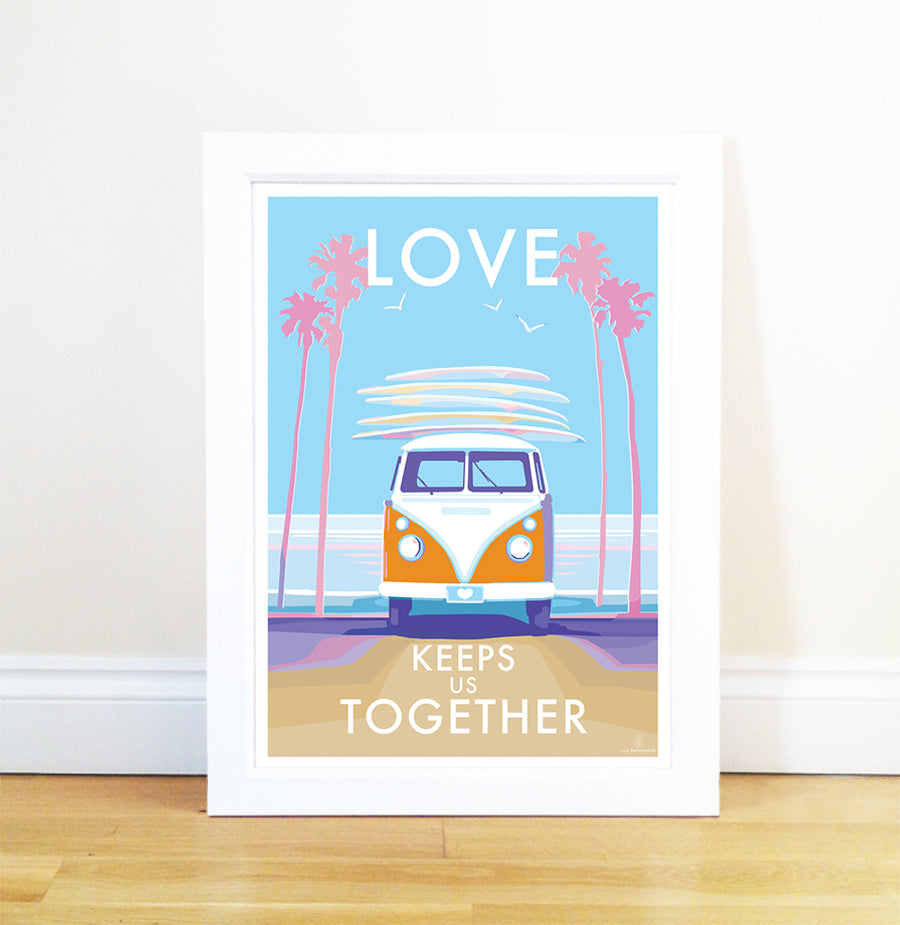 This framed artwork, Love Keeps us Together by Becky Bettesworth, features a vintage-style beach scene with an orange and white van, surfboards, palm trees, and birds. The retro quote poster is set against a pastel blue sky and ocean.