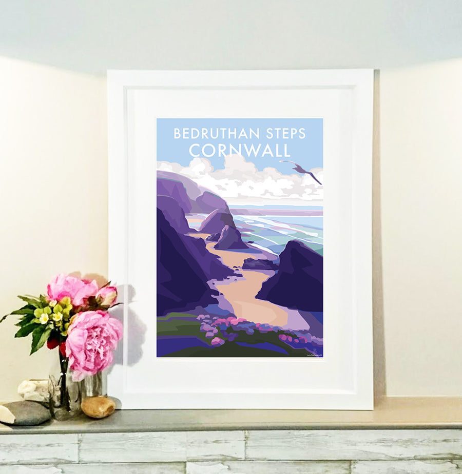 Bedruthan Steps - Travel Poster and Seaside Print by Becky Bettesworth