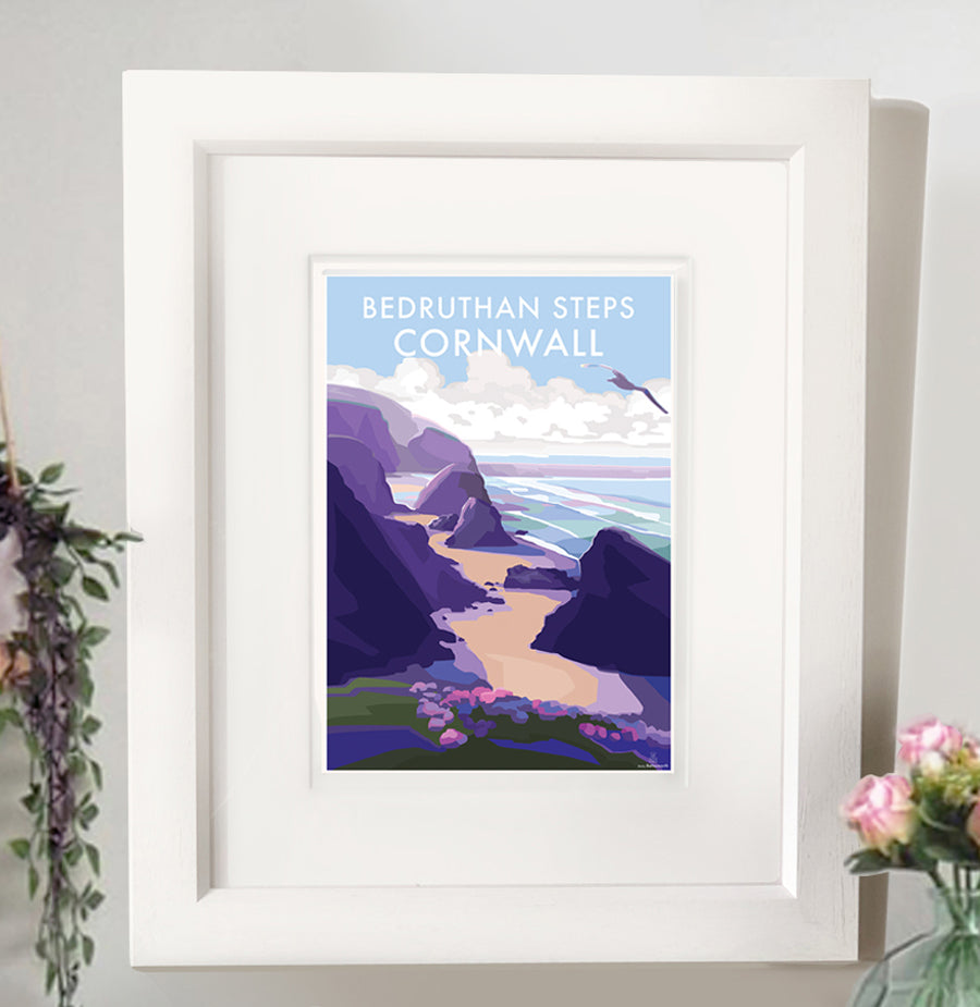 Bedruthan Steps - Travel Poster and Seaside Print by Becky Bettesworth