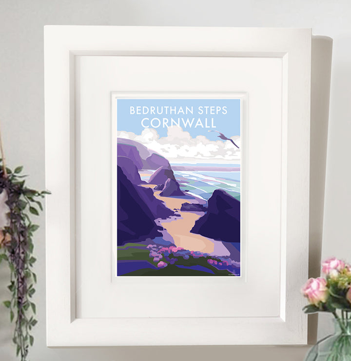 Bedruthan Steps - Travel Poster and Seaside Print by Becky Bettesworth