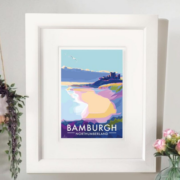 Bamburgh travel poster and seaside print by Becky Bettesworth
