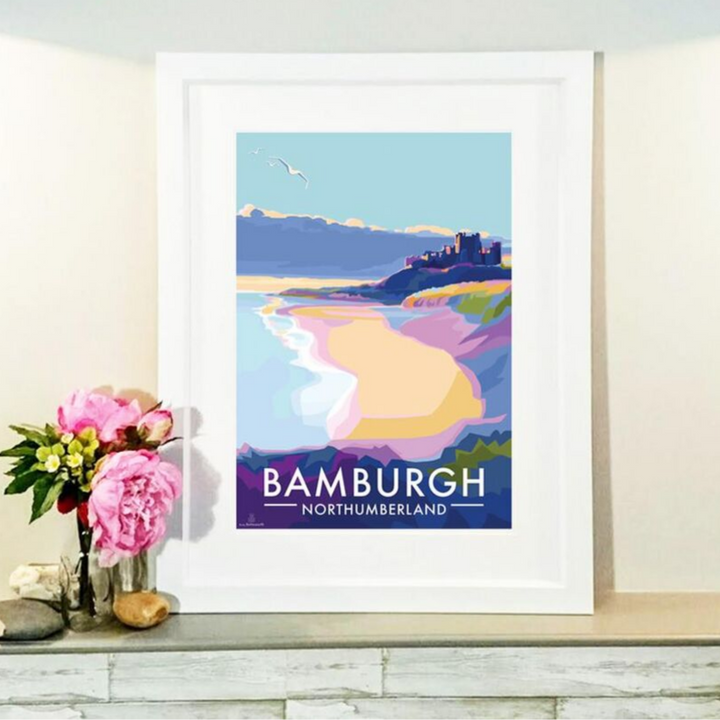 Bamburgh travel poster and seaside print by Becky Bettesworth
