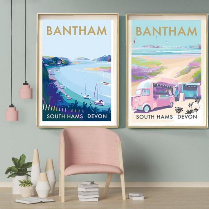 Bantham Buses Limited Edition travel poster and seaside print by Becky Bettesworth