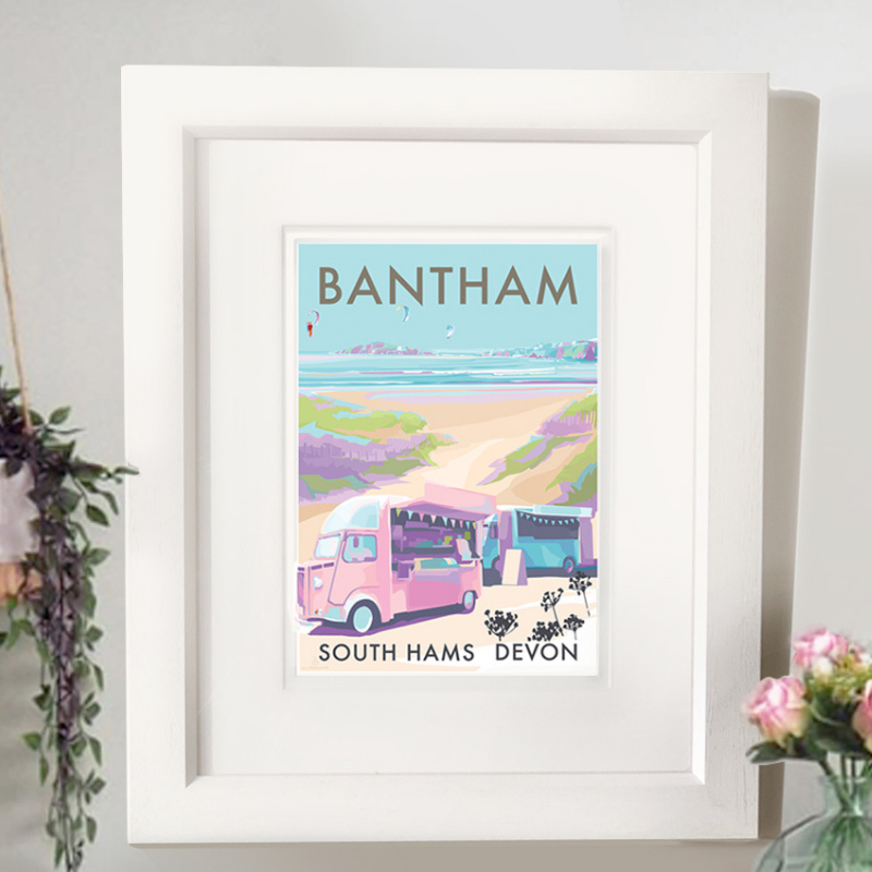 Bantham Buses Limited Edition travel poster and seaside print by Becky Bettesworth