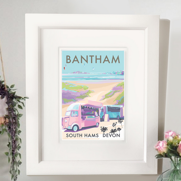 Bantham Buses Limited Edition travel poster and seaside print by Becky Bettesworth
