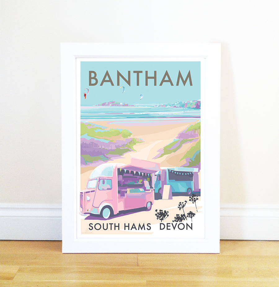 Bantham Buses from Becky Bettesworths  Collection features a pink food truck on a beach with grassy dunes and a blue sky, with text that reads Bantham and South Hams Devon.