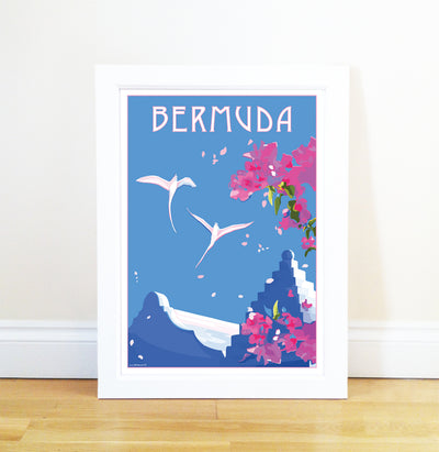 Bermuda blossom travel poster and seaside print by Becky Bettesworth
