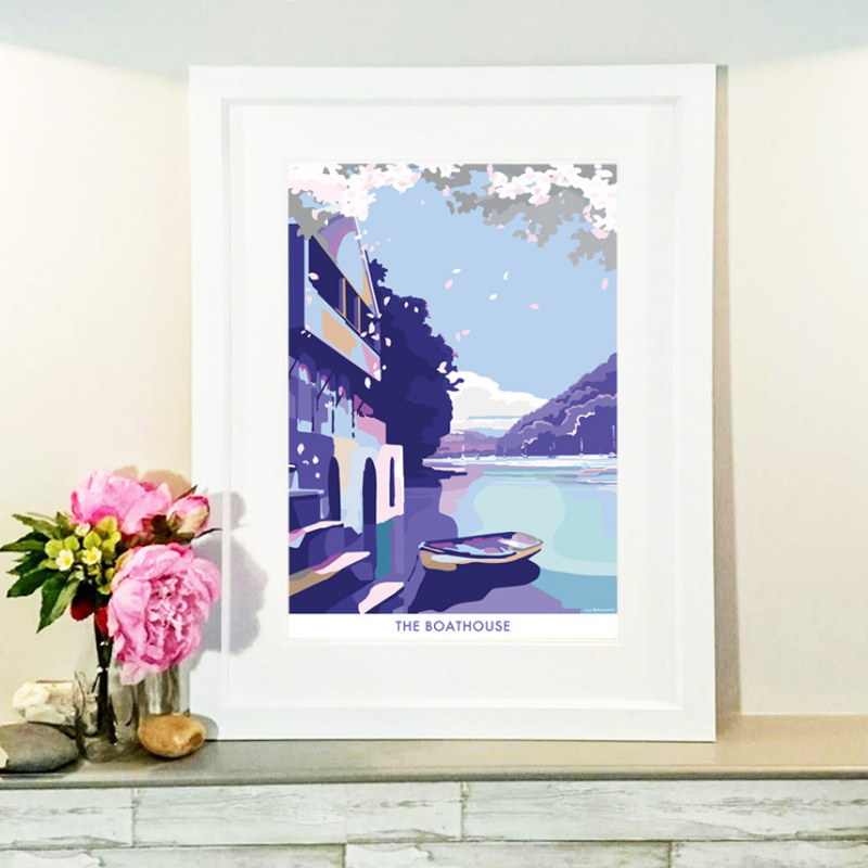 Boathouse travel poster and seaside print by Becky Bettesworth