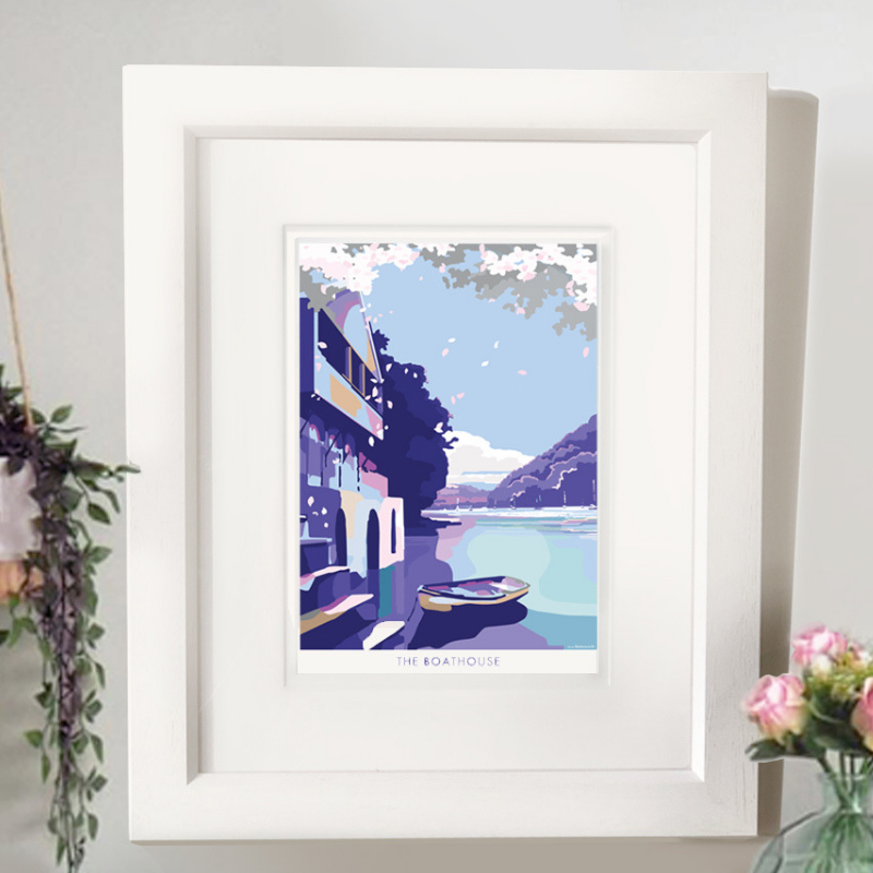 Boathouse travel poster and seaside print by Becky Bettesworth