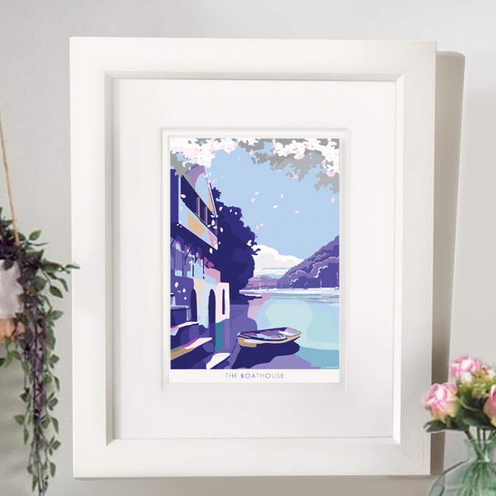 Boathouse travel poster and seaside print by Becky Bettesworth