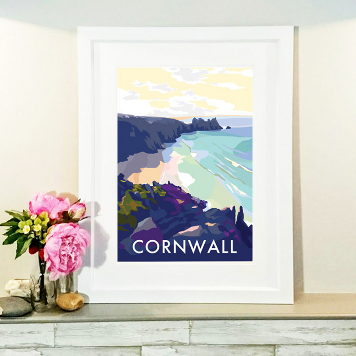 Cornwall Beach travel poster and seaside print by Becky Bettesworth