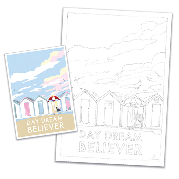 Get a free download of the Day Dream Believer artwork by BeckyBettesworth, featuring a colorful illustration and a sketch outline of beach huts under a vibrant sky, with Daydream Believer text on both images for endless coloring fun.