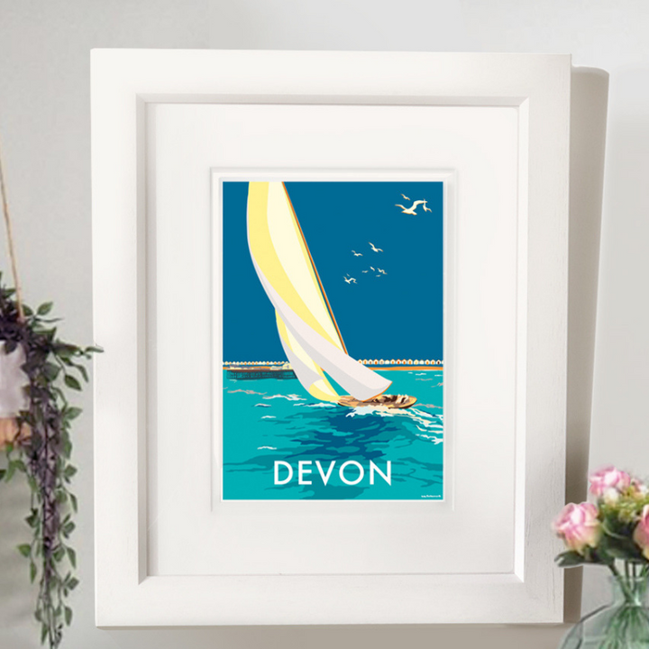 Devon Sailing Boat travel poster and seaside print by Becky Bettesworth