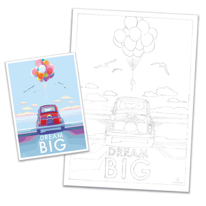 The Dream Big by BeckyBettesworth features a colorful car with balloons, the words Dream Big, and seagulls in the sky. To the right, download an outline version for coloring, completing this whimsical scene.