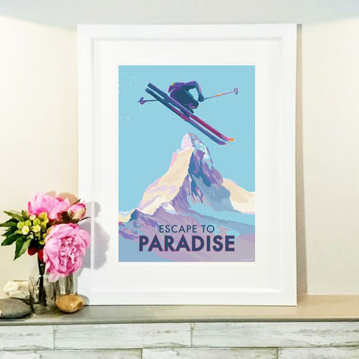 Escape to Paradise skiing vintage style retro quote poster by Becky Bettesworth