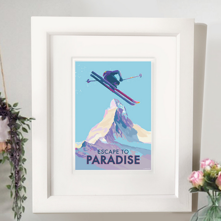 Escape to Paradise skiing vintage style retro quote poster by Becky Bettesworth