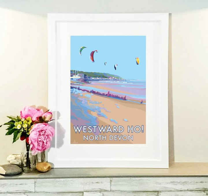 Westward Ho! travel poster and seaside print by Becky Bettesworth
