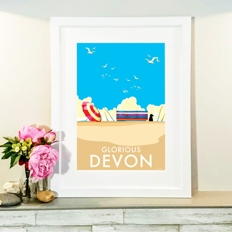 Glorious Devon travel poster and seaside print by Becky Bettesworth