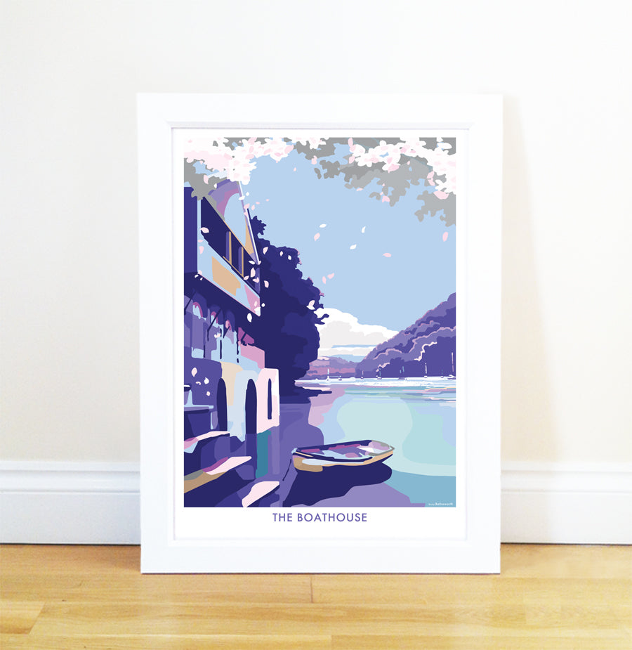 Boathouse travel poster and seaside print by Becky Bettesworth