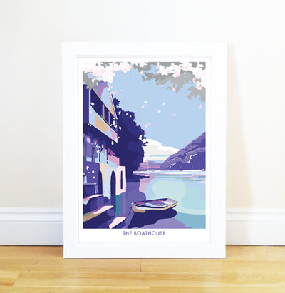 Boathouse travel poster and seaside print by Becky Bettesworth