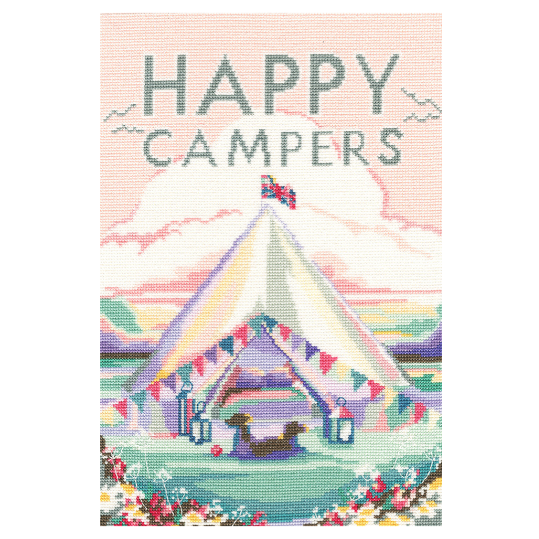 An illustration of a tent with bunting and lanterns set against a vivid landscape features Happy Campers in counted cross stitch style. With flowers and a pastel sky, its perfect for your next Zweigart Aida project using BeckyBettesworths Cross Stitch Sewing Kits.
