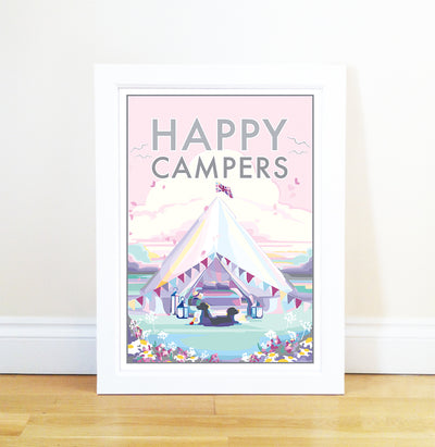 Happy Campers vintage style retro quote poster by Becky Bettesworth