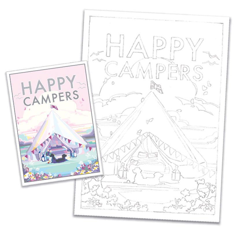 The BeckyBettesworth Happy Campers illustration features a colorful tent in a vibrant flower field under a blue sky with clouds. An outlined version for coloring is available as a free download, perfect for creating your own Happy Campers artwork.