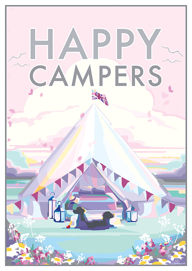 Happy Campers vintage style retro quote poster by Becky Bettesworth