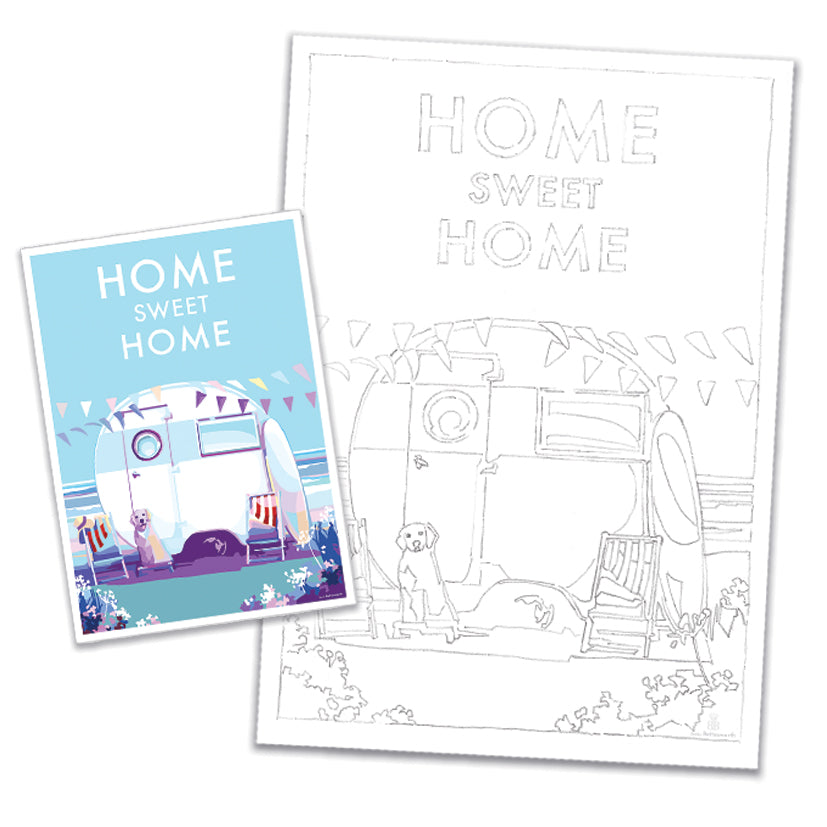The Home Sweet Home artwork by BeckyBettesworth features a vintage trailer with a dog on the porch, HOME SWEET HOME above, and bunting flags with deck chairs. This charming coloring sketch is available for free download.