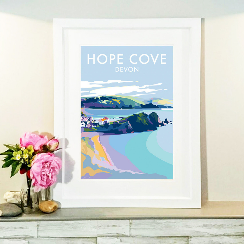 Hope Cove travel poster and seaside print by Becky Bettesworth
