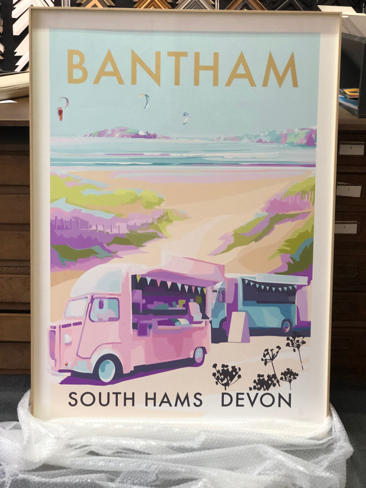 Bantham Buses Limited Edition travel poster and seaside print by Becky Bettesworth