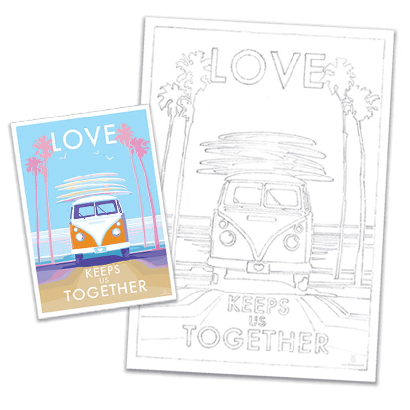 A vintage van and surfboards amidst a beach scene with palm trees, plus a coloring sketch, feature in BeckyBettesworths Love Keeps Us Together artwork. The text LOVE KEEPS US TOGETHER encapsulates the theme, available for free download.
