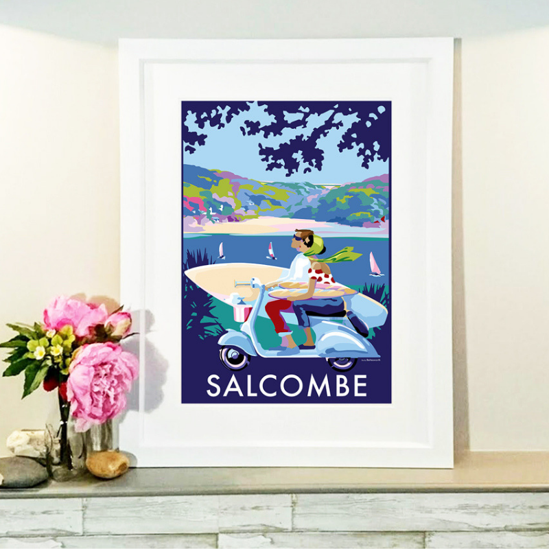 Salcombe Scooter travel poster and seaside print by Becky Bettesworth