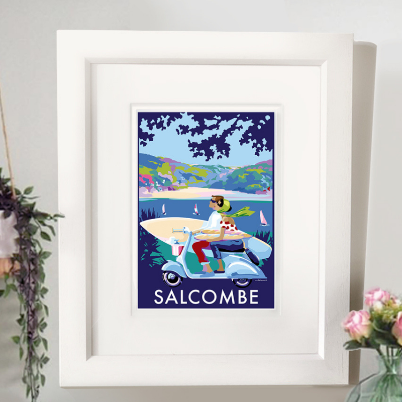 Salcombe Scooter travel poster and seaside print by Becky Bettesworth