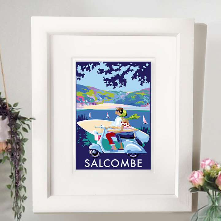 Salcombe Scooter travel poster and seaside print by Becky Bettesworth