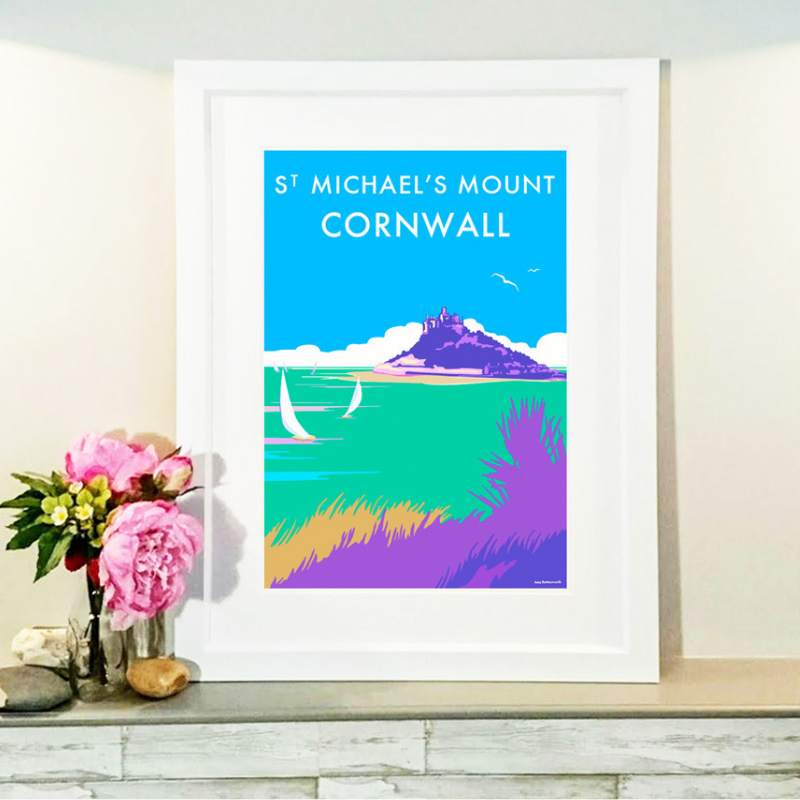 St Michaels Mount travel poster and seaside print by Becky Bettesworth