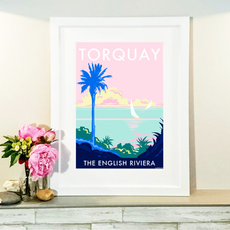Torquay Palm travel poster and seaside print by Becky Bettesworth