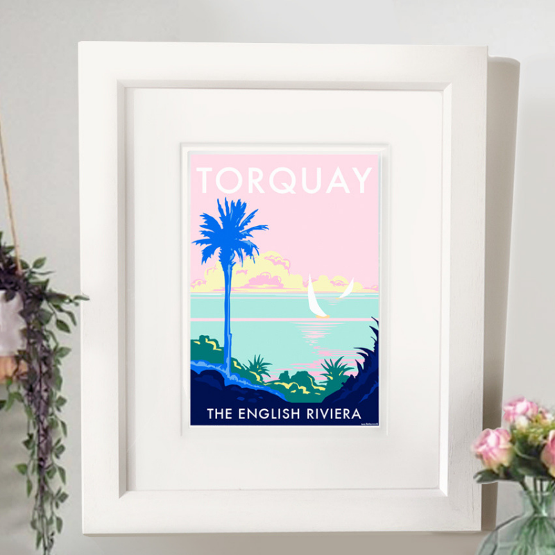 Torquay Palm travel poster and seaside print by Becky Bettesworth