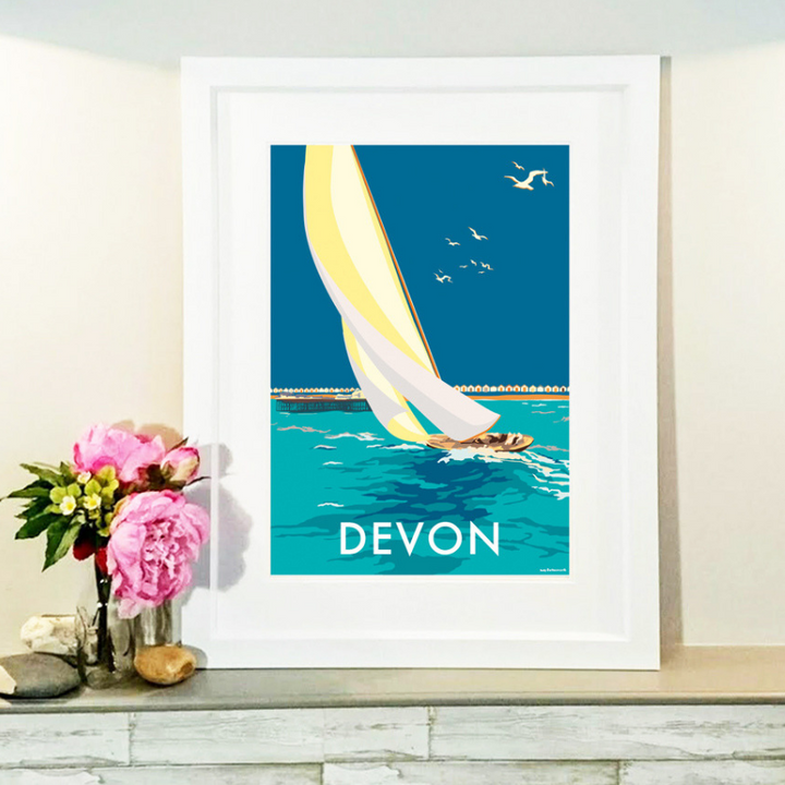 Devon Sailing Boat travel poster and seaside print by Becky Bettesworth
