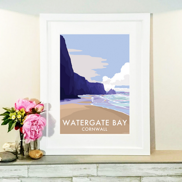 Watergate Bay travel poster and seaside print by Becky Bettesworth